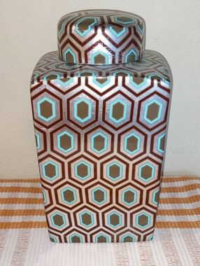 Geometric Ginger Jar Hexagon Ceramic Vase with Lid - Multicolor 12" Tea Canister
